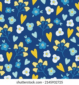 Floral seamless pattern with hearts, flowers, leaves in blue and yellow colors. Perfect for support Ukraine, wallpaper, wrapping paper, background, fabric. Vector illustration