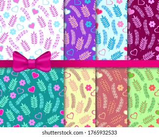 Floral seamless pattern with hearts. A set of different color options. Background for Valentine's day. Vector illustration.