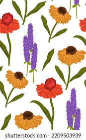 Floral seamless pattern of Helenium autumnale flowers with Agastache flowers in cartoon style.