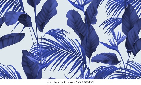 Floral seamless pattern, heliconia flowers with various leaves in blue