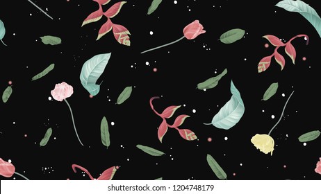 Floral seamless pattern, Heliconia rostrata flowers, tulips and leaves on dark grey background, pastel vintage theme
