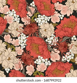 Nahtlose Muster ohne Blumen mit Hellebore, Amelie, Rhododendron