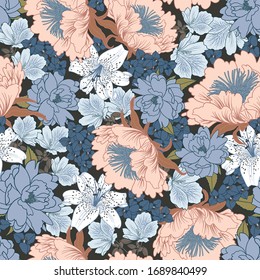 Floral seamless pattern with hellebore, lily, amelia, rhododendron