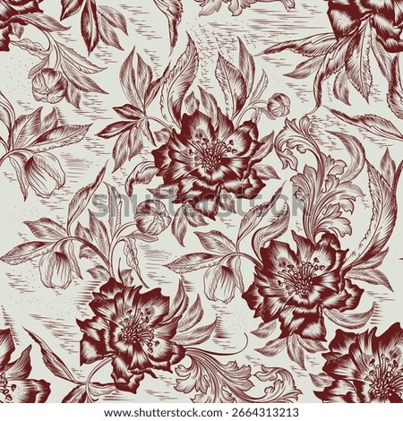 Floral seamless pattern with hellebores. Textile design. Classic French print. Toile de jouy flowers wallpaper, pattern, background. Nature vintage seamless pattern. Vector pattern