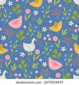 Floral seamless pattern with hens, gooses, berries and flowers on blue background. Perfect for summer greetings, wallpaper, wrapping paper, fabric. Vector illustration