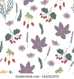 Floral seamless pattern with herb and berries