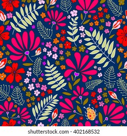Floral seamless pattern. Herbal form, flowers, leaves, ladybug on a dark blue background, hand-drawn vector.