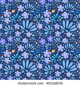 Floral seamless pattern. Herbal form, flowers, leaves, ladybug on a dark blue background, hand-drawn vector.