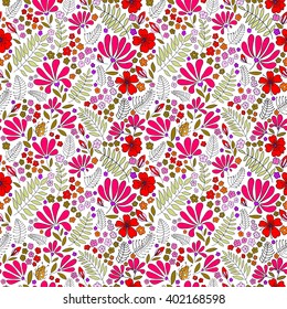 Floral seamless pattern. Herbal form, flowers, leaves, ladybug on a white background, hand-drawn vector.