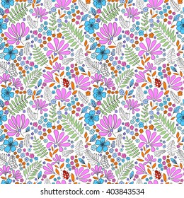 Floral seamless pattern. Herbal form, flowers, leaves, ladybug on a white background, hand-drawn vector.