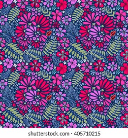 Floral seamless pattern. Herbal form, flowers, leaves, ladybug on a dark blue background, hand-drawn vector.