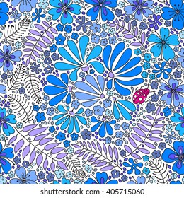 Floral seamless pattern. Herbal form, flowers, leaves, ladybug on a white background, hand-drawn vector.