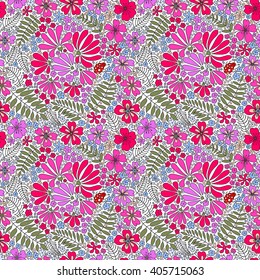 Floral seamless pattern. Herbal form, flowers, leaves, ladybug on a white background, hand-drawn vector.