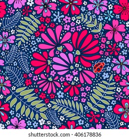 Floral seamless pattern. Herbal form, flowers, leaves, ladybug on a dark blue background, hand-drawn vector.