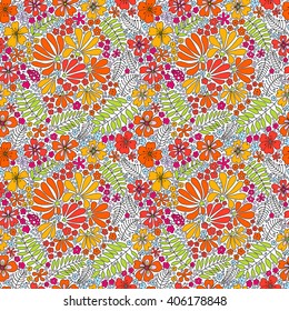 Floral seamless pattern. Herbal form, flowers, leaves, ladybug on a white background, hand-drawn vector.