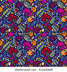 Floral seamless pattern. Herbal form, flowers, leaves, ladybug on a dark blue background, hand-drawn vector.