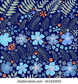 Floral seamless pattern. Herbal form, flowers, leaves, ladybug on a dark blue background, hand-drawn vector.