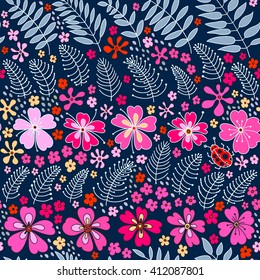 Floral seamless pattern. Herbal form, flowers, leaves, ladybug on a dark blue background, hand-drawn vector.
