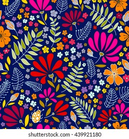 Floral seamless pattern. Herbal form, flowers, leaves, ladybug on a dark blue background, hand-drawn vector.