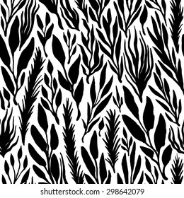 Floral seamless pattern with herbs and branches. Black and white hand painted background. Template for your design. Vector illustration