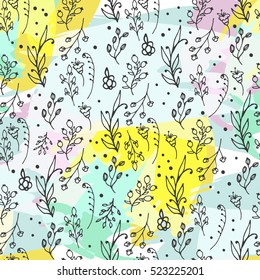 Floral seamless pattern. Herbs and wild flowers print. Collorful splashes hand sketched floral collection. Lovely flowers and leaves branches vector illustration.