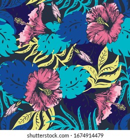 Floral seamless pattern with hibiscus flower & monstera leaf vector illustration