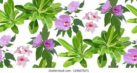 Floral seamless pattern with hibiscus flowers and leaves. Botanical illustration  hand painted. Textile print, fabric swatch, wrapping paper.