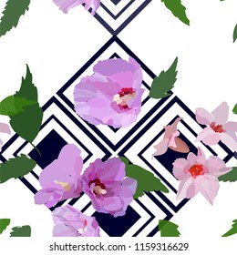 Floral seamless pattern with hibiscus flowers and leaves. Botanical illustration  hand painted. Textile print, fabric swatch, wrapping paper.