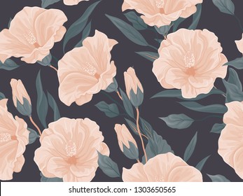 Floral seamless pattern. Hibiscus flowers, buds, various plants, foliage, branches form a continuous line. Dark pastel colors.