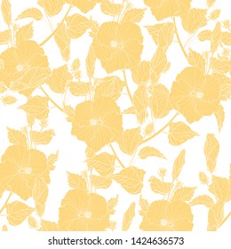 Floral seamless pattern. Hibiscus flowers, buds, various plants, foliage, line yellow branches. White background.