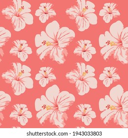 Floral seamless pattern of hibiscus flowers graphic illustration on coral background.