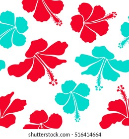 Floral seamless pattern with hibiscus flowers, watercolor hand drawing style on white background. Design in blue and red colors for invitation, wedding, greeting cards. Vector hibiscus floral pattern.