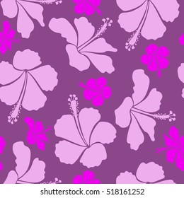 Floral seamless pattern hibiscus flowers, watercolor hand drawing style. Design in purple, pink and magenta colors for wedding, greeting card, textile, prints or fabric. Vector hibiscus floral pattern