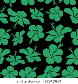 Floral seamless pattern with hibiscus flowers, watercolor hand drawing style on black background. Design in green colors for invitation, wedding or greeting cards. Vector hibiscus floral pattern.