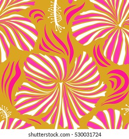 Floral seamless pattern hibiscus flowers. Design in yellow and magenta colors for invitation, wedding or greeting cards, textile, prints or fabric. Hand drawing style. Vector hibiscus floral pattern.