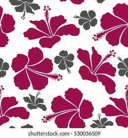 Floral seamless pattern with hibiscus flowers, watercolor hand drawing style on white background. Design in purple and gray colors for fabric, wedding or greeting cards. Vector hibiscus floral pattern