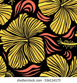 Floral seamless pattern with hibiscus flowers. Design in yellow colors for invitation, wedding or greeting cards. Watercolor hand drawing style on black background. Vector hibiscus floral pattern.