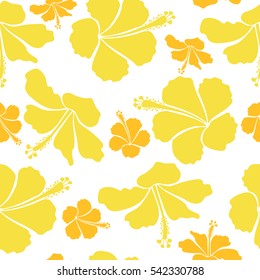 Floral seamless pattern with hibiscus flowers, watercolor hand drawing style on white background. Design in yellow colors for invitation, wedding or greeting cards. Vector hibiscus floral pattern.