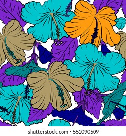 Floral seamless pattern with hibiscus flowers. Vector hibiscus floral pattern. Design in orange, violet and blue colors for invitation, wedding, greeting cards. Hand drawn sketch on a white background
