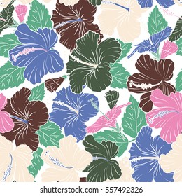 Floral seamless pattern with hibiscus flowers. Design in green, pink and brown colors for invitation, wedding, greeting cards. Watercolor hand drawn on white background. Vector hibiscus floral pattern