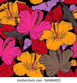 Floral seamless pattern with hibiscus flowers. Design in yellow, violet and brown colors for invitation, wedding or greeting cards. Hand drawing on a black background. Vector hibiscus floral pattern.