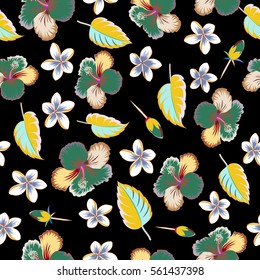 Floral seamless pattern with hibiscus flowers. Design in green and yellow colors for invitation, wedding or greeting cards. Watercolor hand drawn on a black background. Vector hibiscus floral pattern.