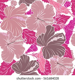 Floral seamless pattern with hibiscus flowers. Design in magenta and pink colors for invitation, wedding or greeting cards. Watercolor hand drawn on a white background. Vector hibiscus floral pattern.