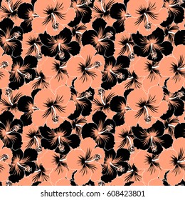 Floral seamless pattern hibiscus flowers. Vector hibiscus floral pattern. Design in orange and black colors for wedding or greeting cards, textile, prints or fabric. Watercolor hand drawing style.