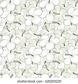 Floral seamless pattern hibiscus flowers, hand drawing style. Design in beige and white colors for invitation, wedding or greeting cards, textile, prints or fabric. Vector hibiscus floral pattern.