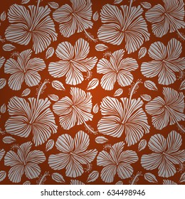 Floral seamless pattern with hibiscus flowers. Design in white color for invitation, wedding or greeting cards. Watercolor hand drawing style on orange background. Vector hibiscus floral pattern.