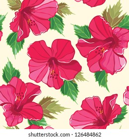 Floral seamless pattern with hibiscus, hand-drawing. Vector illustration.