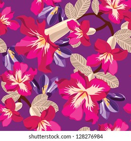 Floral seamless pattern with hibiscus, hand-drawing. Vector illustration.