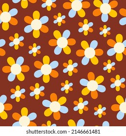 Floral seamless pattern with hippie daisy flower on a dark background. Trendy vector groovy design in style 60s, 70s