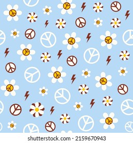 Blumennahtloses Muster mit Hippie-Retro-Elementen auf blauem Hintergrund. Trendy, Vektorgrafik-Ästhetik, Motiv 60er, 70er